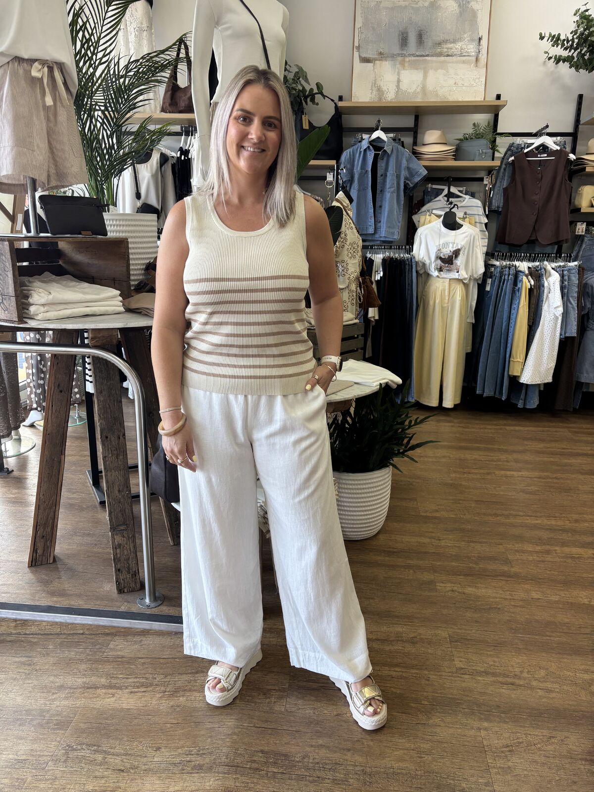 Amba Tank - Ecru W Bisque Stripe