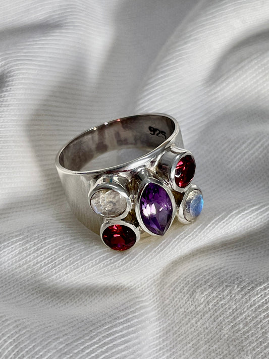 Garnet, Moonstone and Amethyst Ring