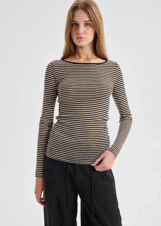 Merino Round Neck - Birch/Black Stripe