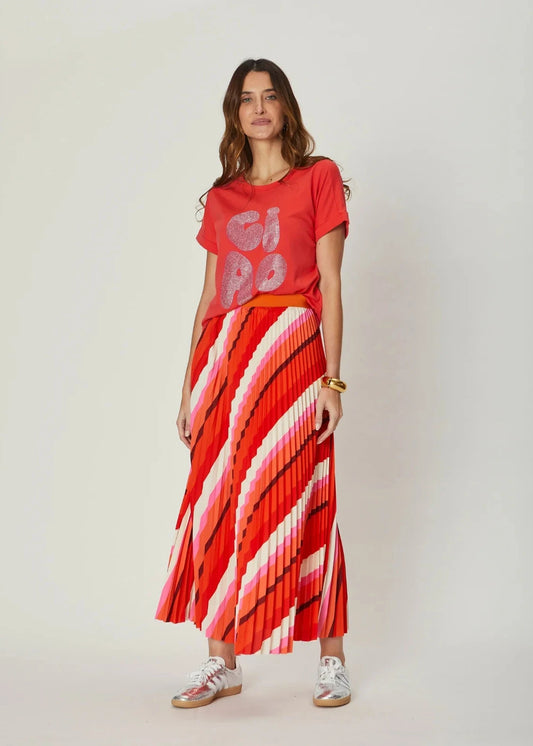 Simone Pleat Skirt - Red/Pink Stripe