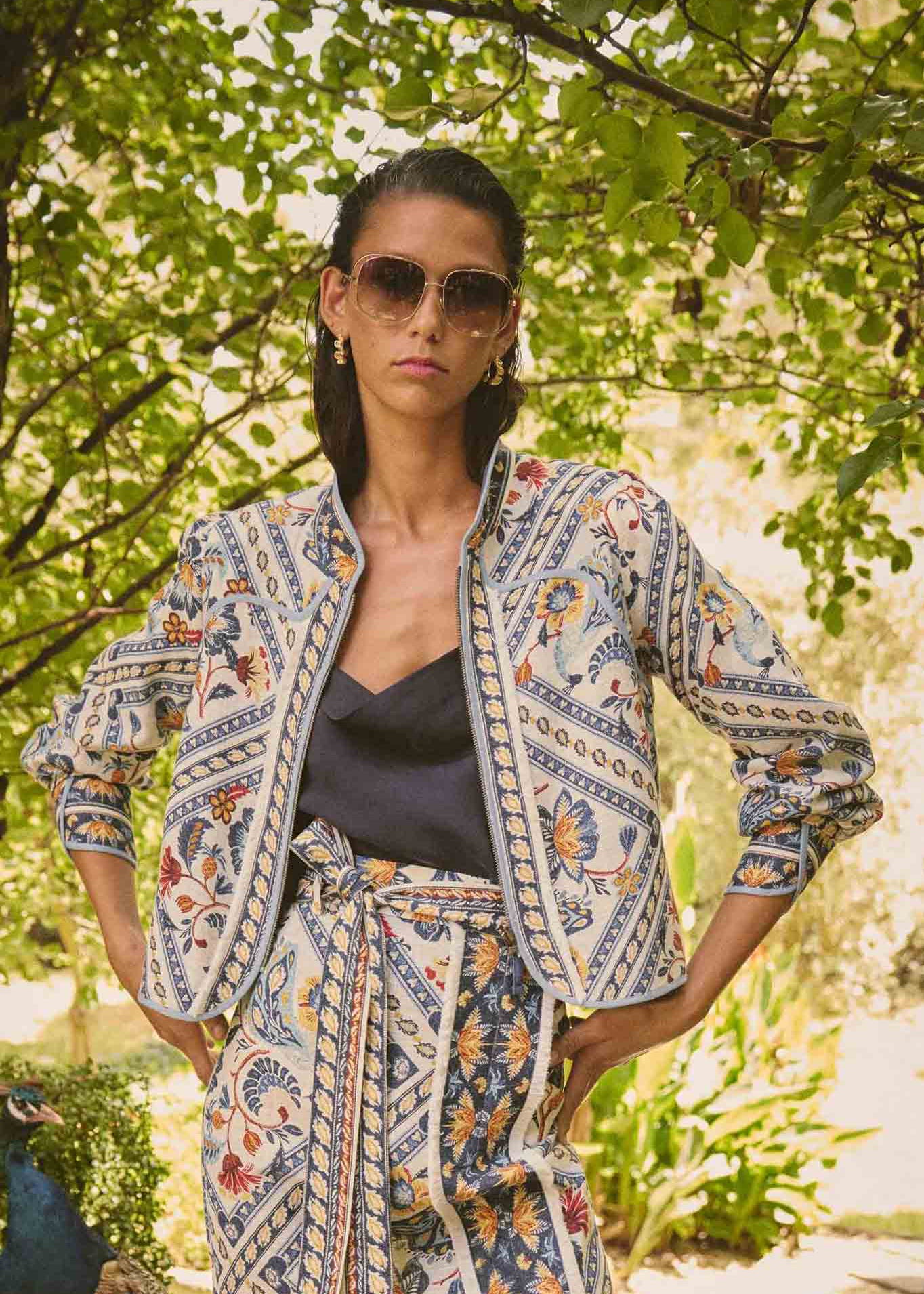 Aurora Reversible Placement Print Linen Viscose & Tencel Fringe Jacket - Petinos Floros
