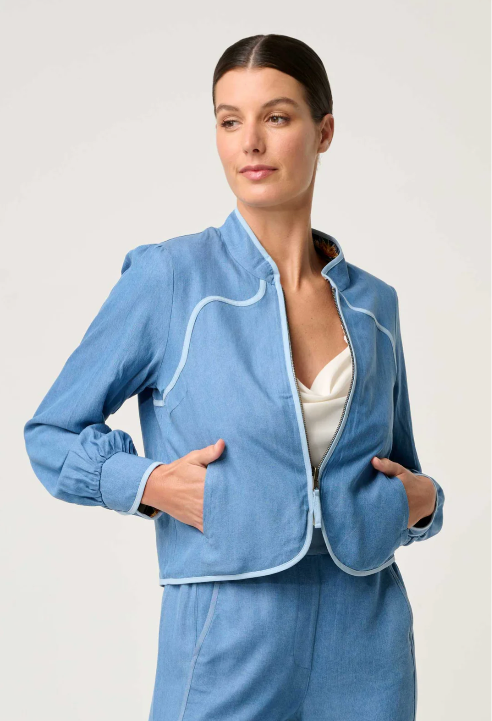 Aurora Reversible Placement Print Linen Viscose & Tencel Fringe Jacket - Petinos Floros