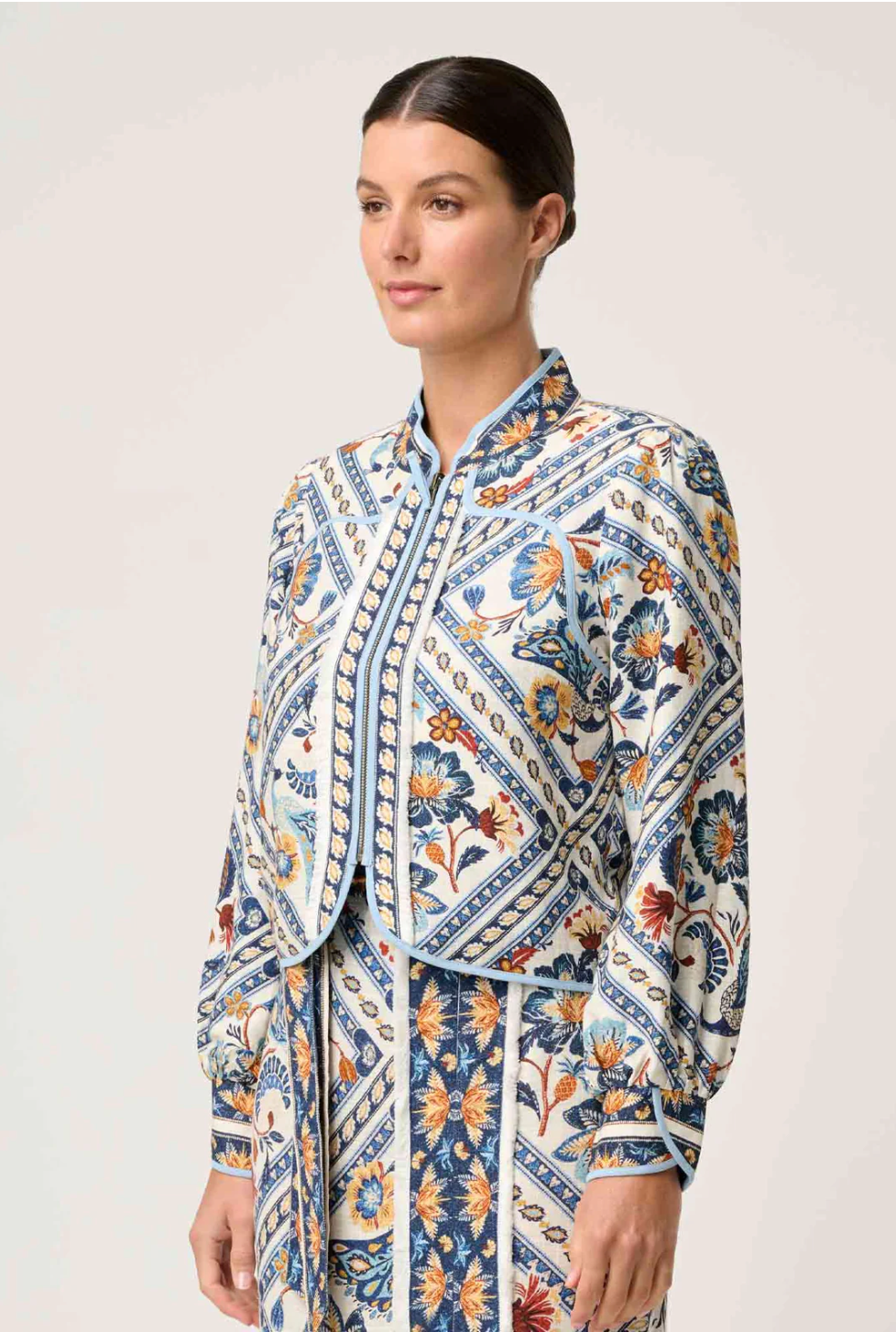 Aurora Reversible Placement Print Linen Viscose & Tencel Fringe Jacket - Petinos Floros
