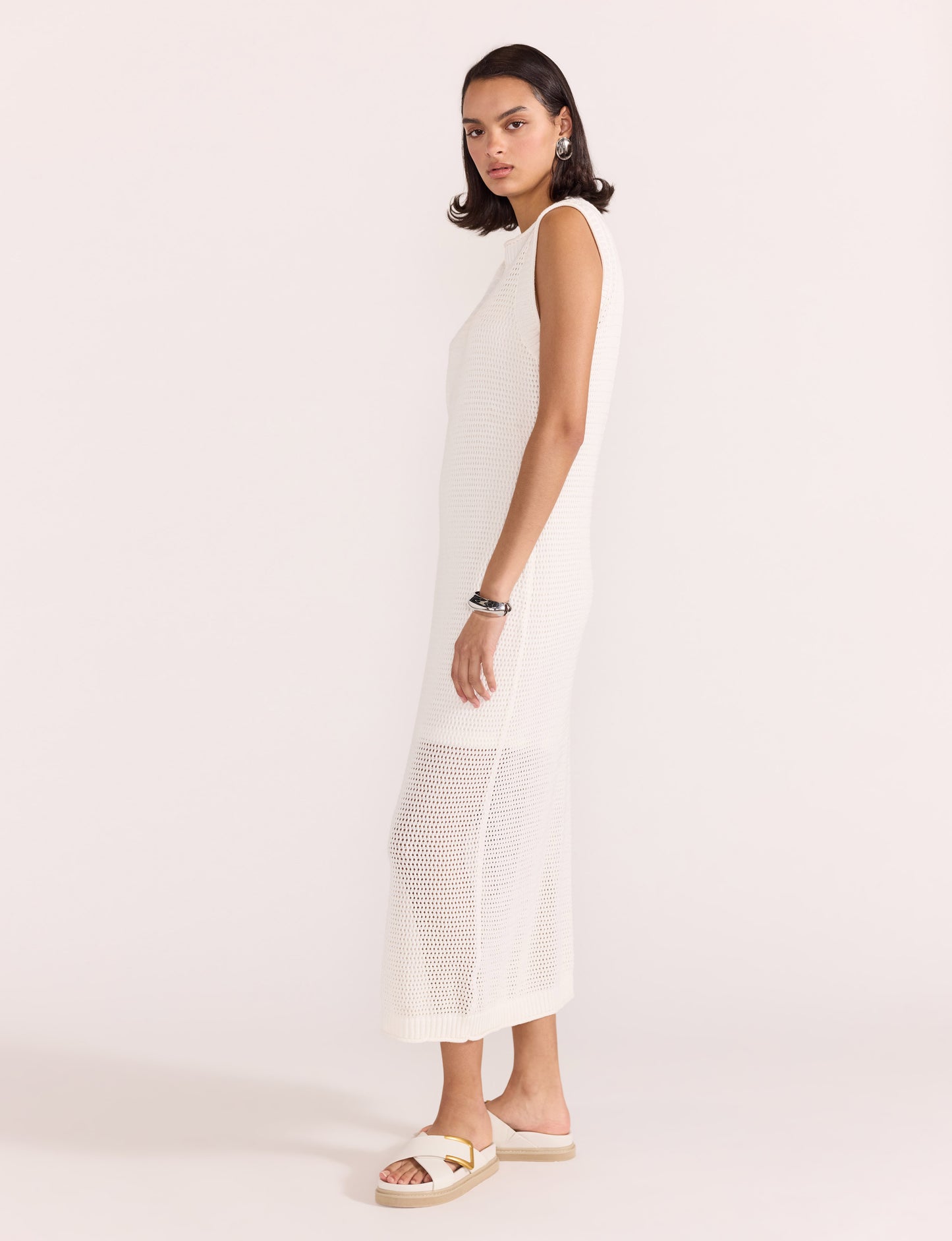 Wave Open Knit Midi Dress - White