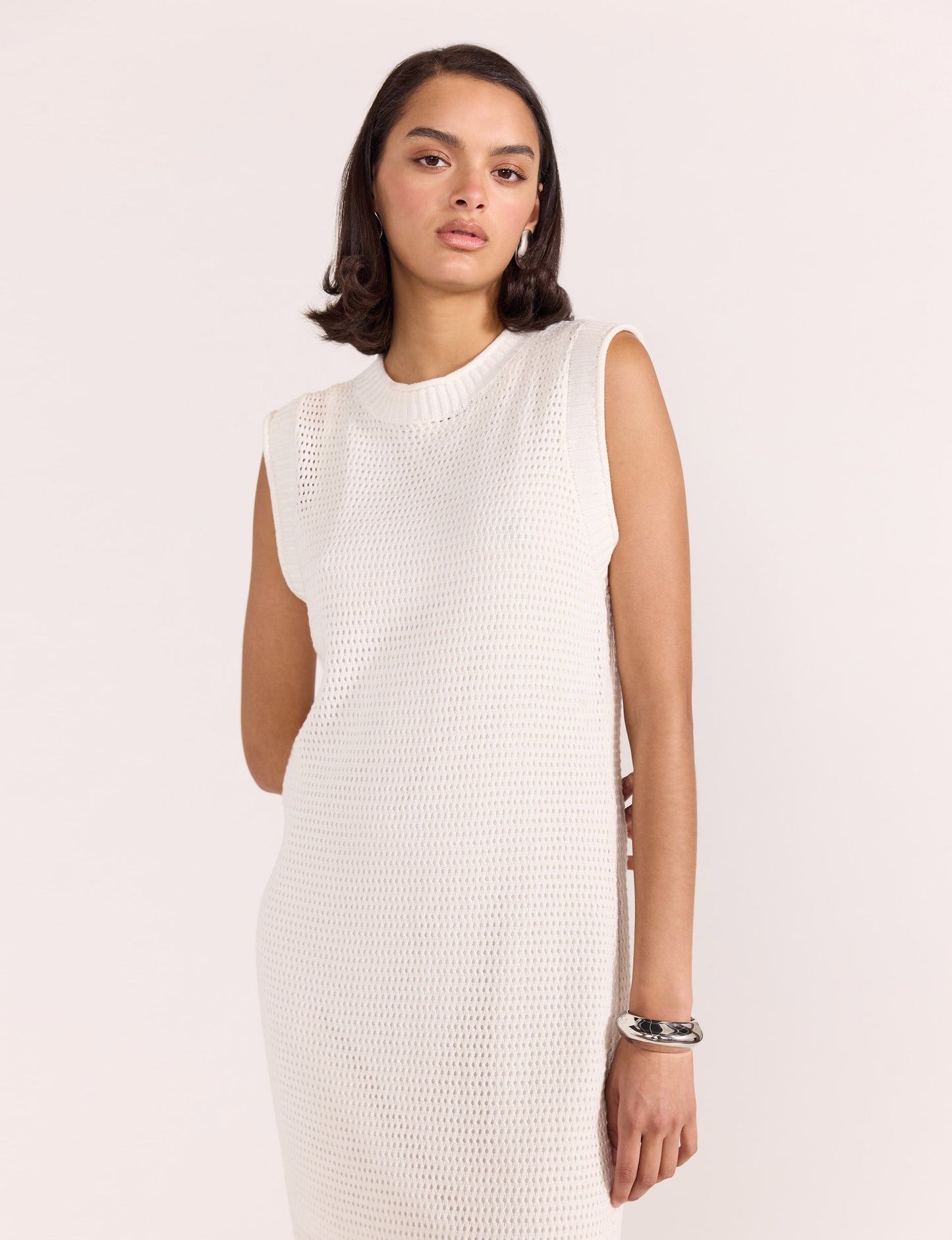 Wave Open Knit Midi Dress - White