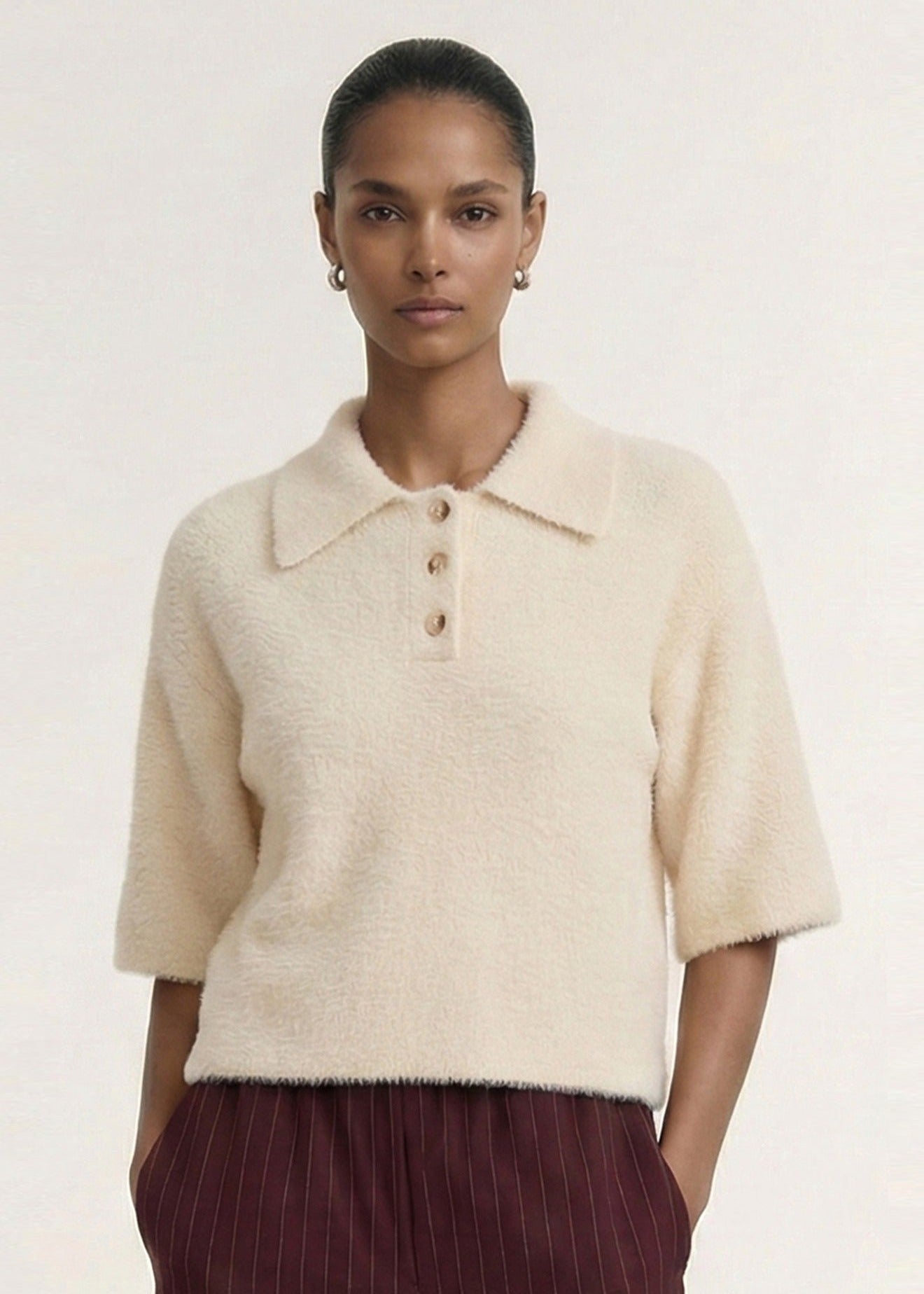 Celine Polo Knit Top - Natural Beige