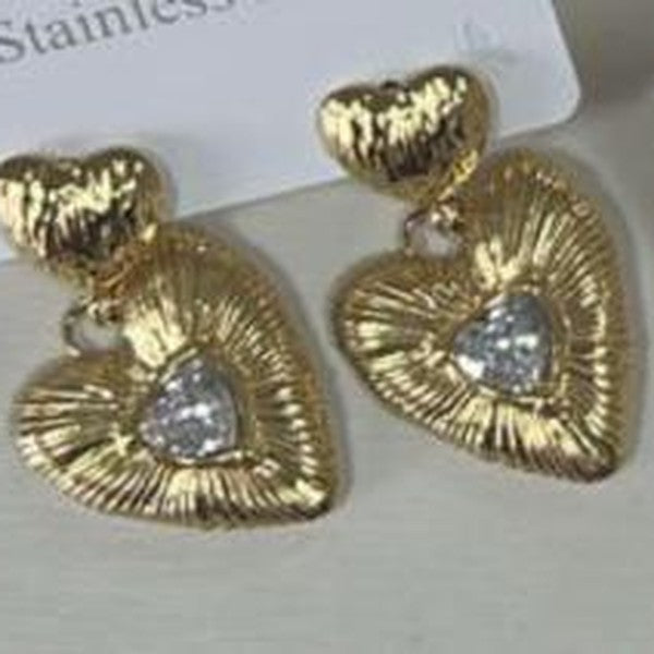 Crystal Heart Drop Earrings - Gold