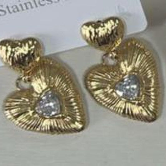 Crystal Heart Drop Earrings - Gold
