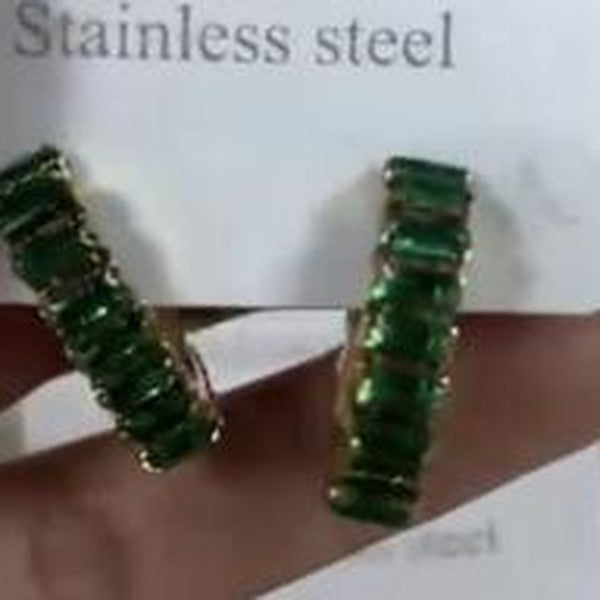 Green Baguette Hoop Earrings - Gold