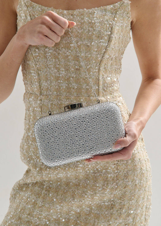 Romie Rhinestone Clutch Bag in Silver