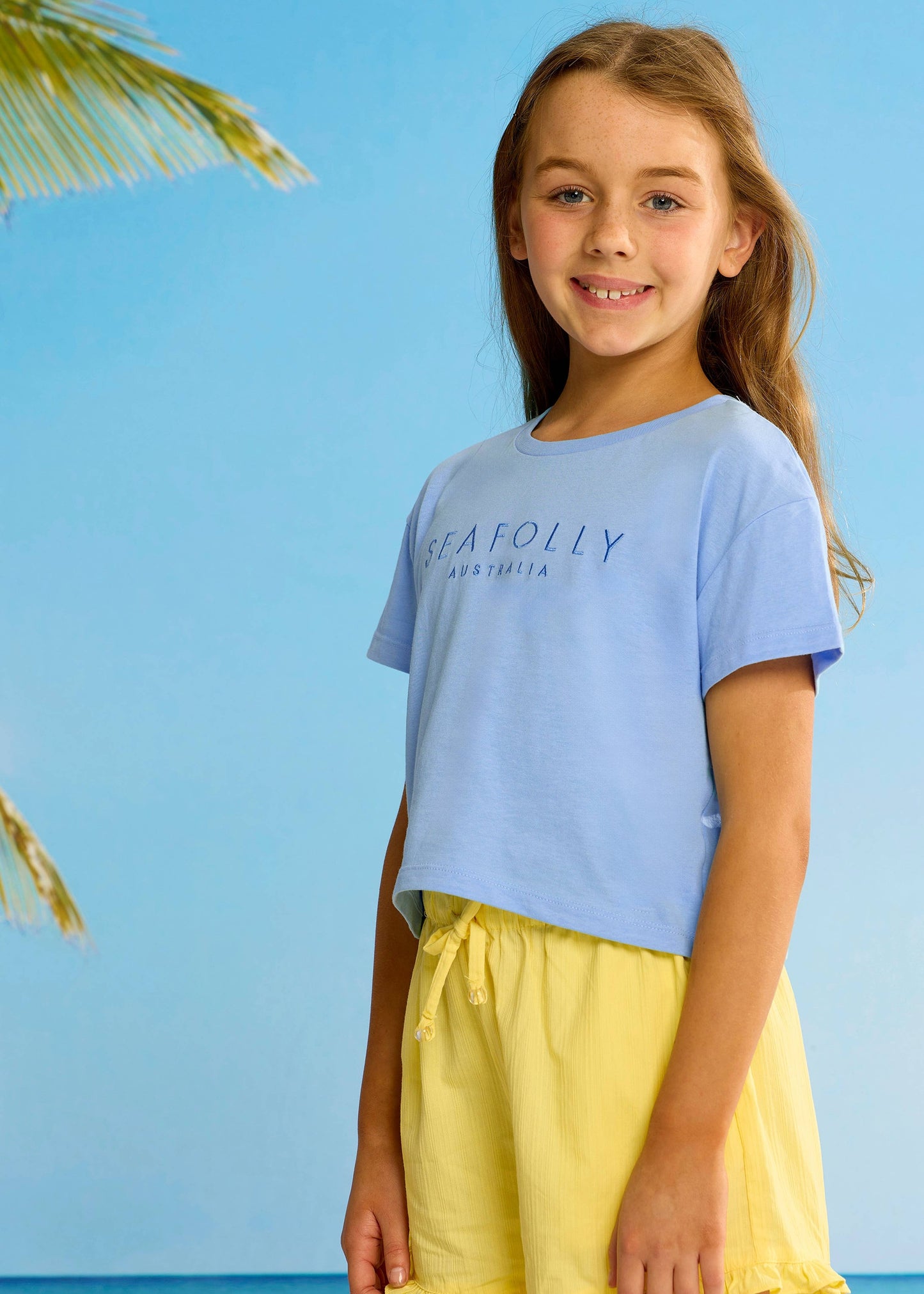 Kids Cotton Embroidery Crop Tee - Sky Blue