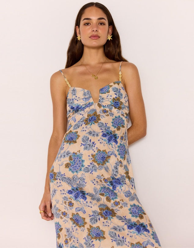 Zina Midi Dress - Blue/Beige Floral