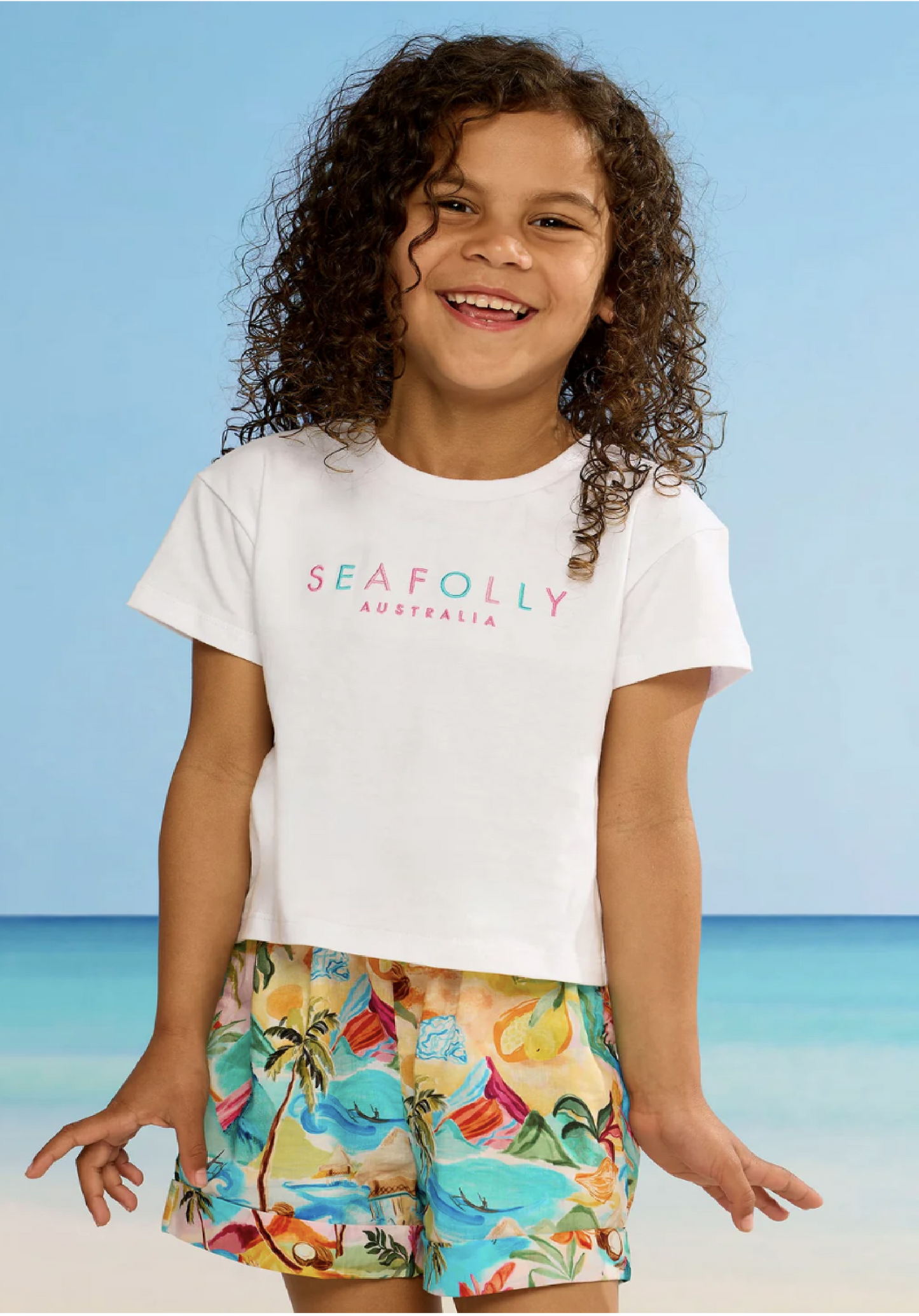 Kids Cotton Embroidery Crop Tee - Cloud Dancer