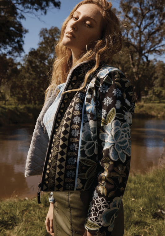 Rylie Reversible Placement Print Ponte and Faux Fur Jacket