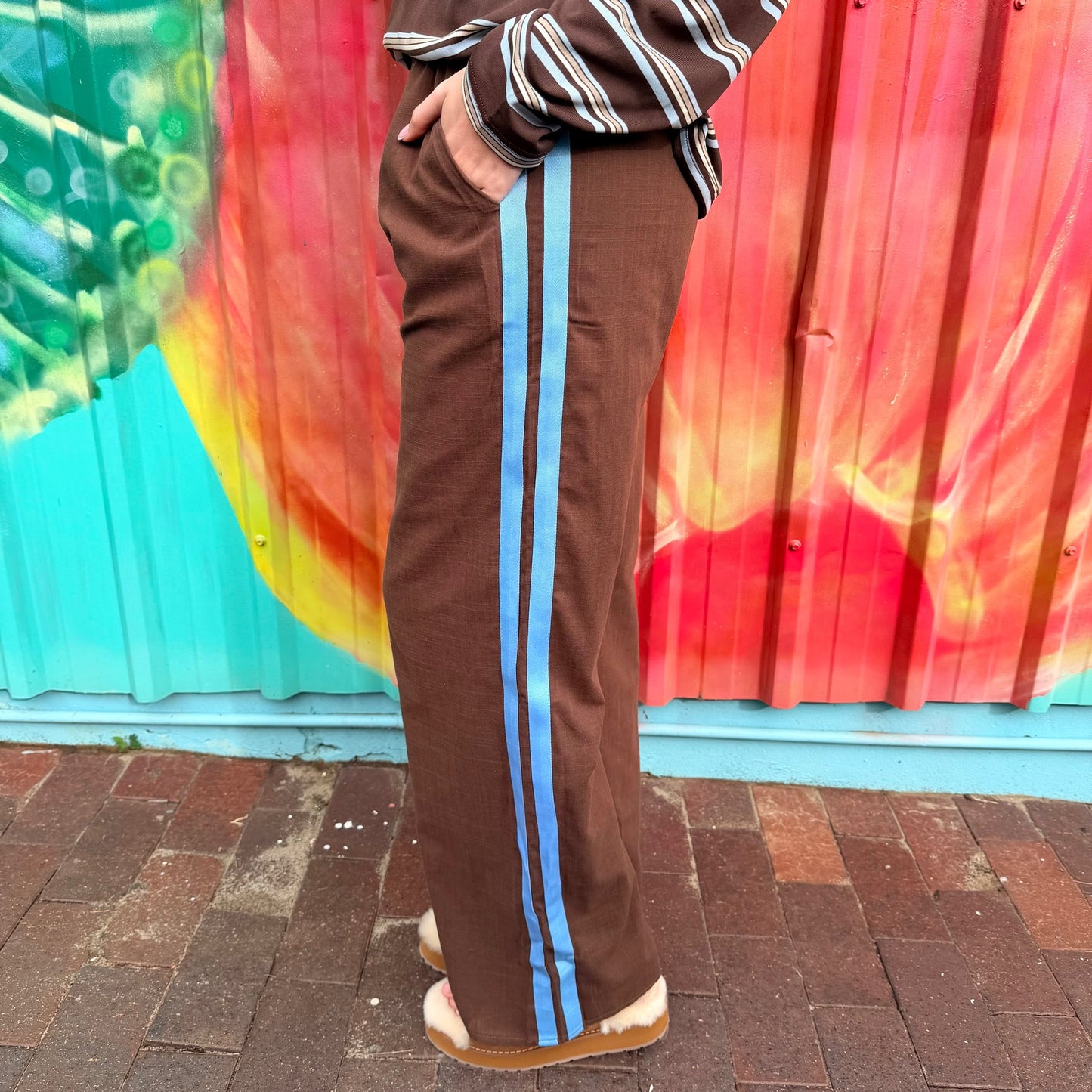 Stripe Jersey Pant Set - Choc/Blue