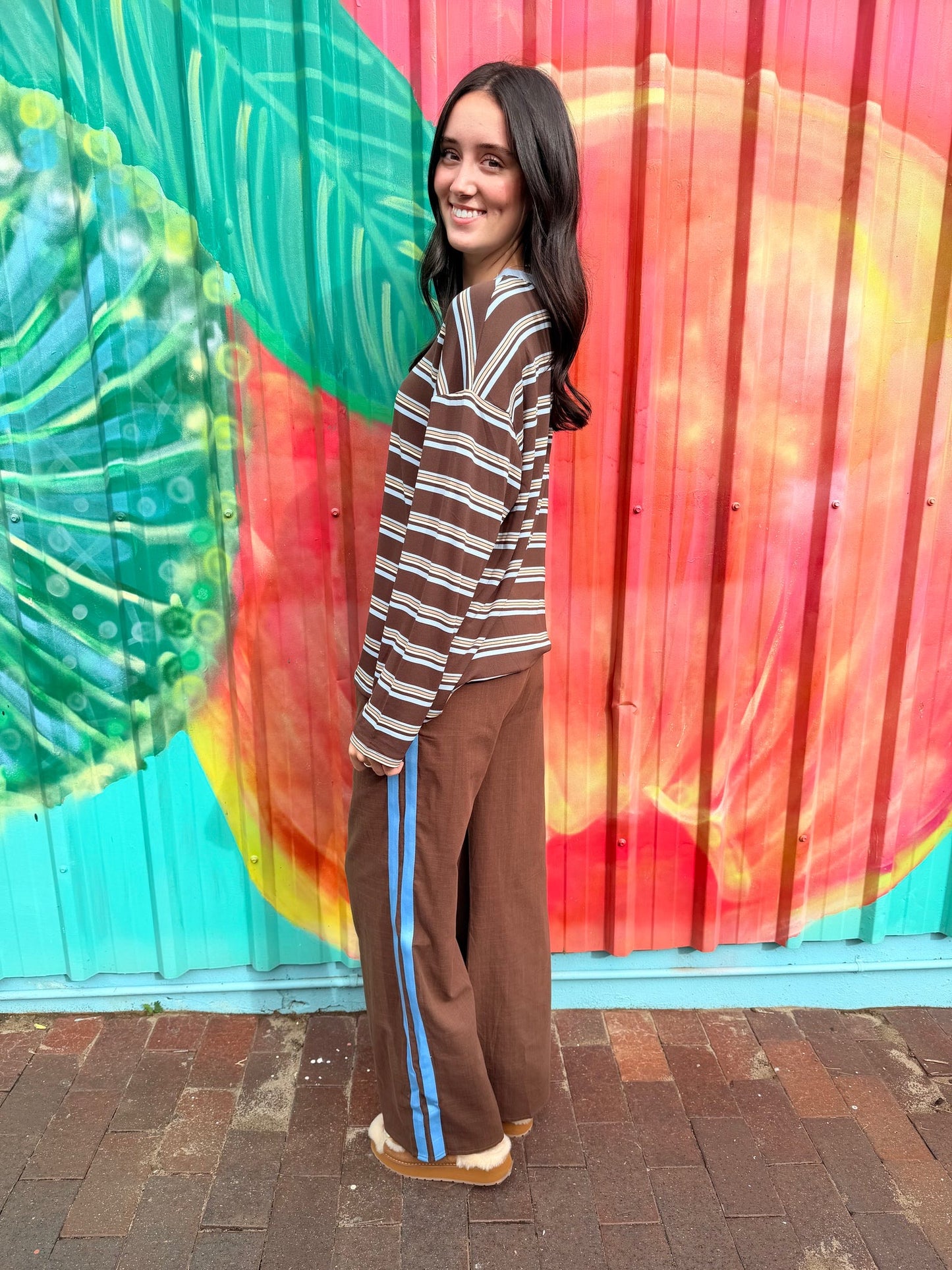Stripe Jersey Pant Set - Choc/Blue