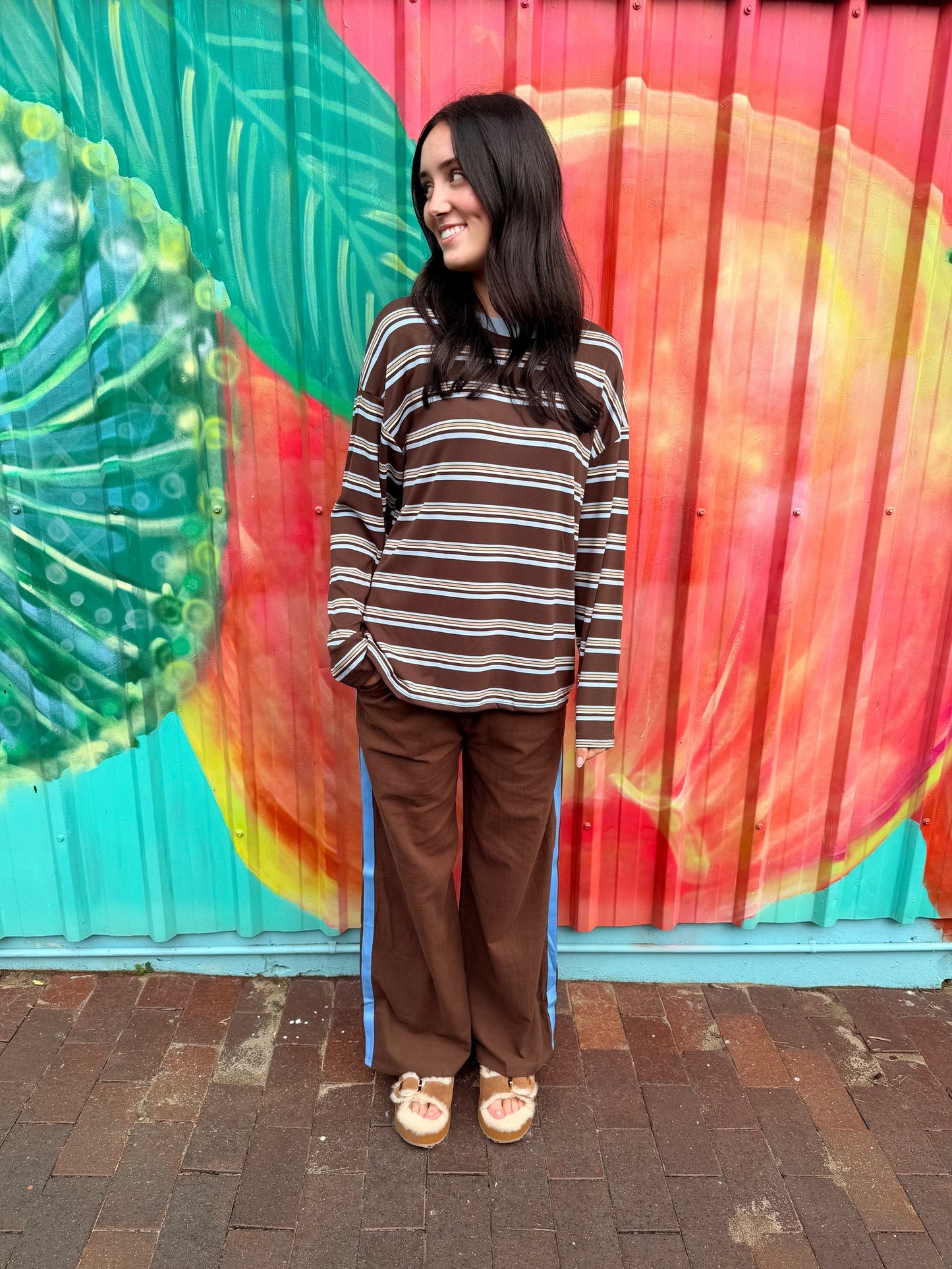 Stripe Jersey Pant Set - Choc/Blue