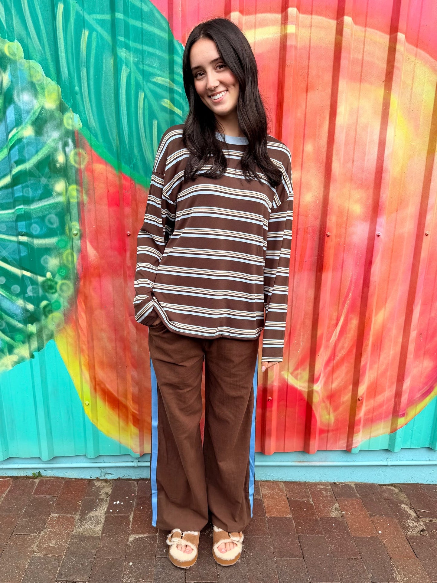 Stripe Jersey Pant Set - Choc/Blue