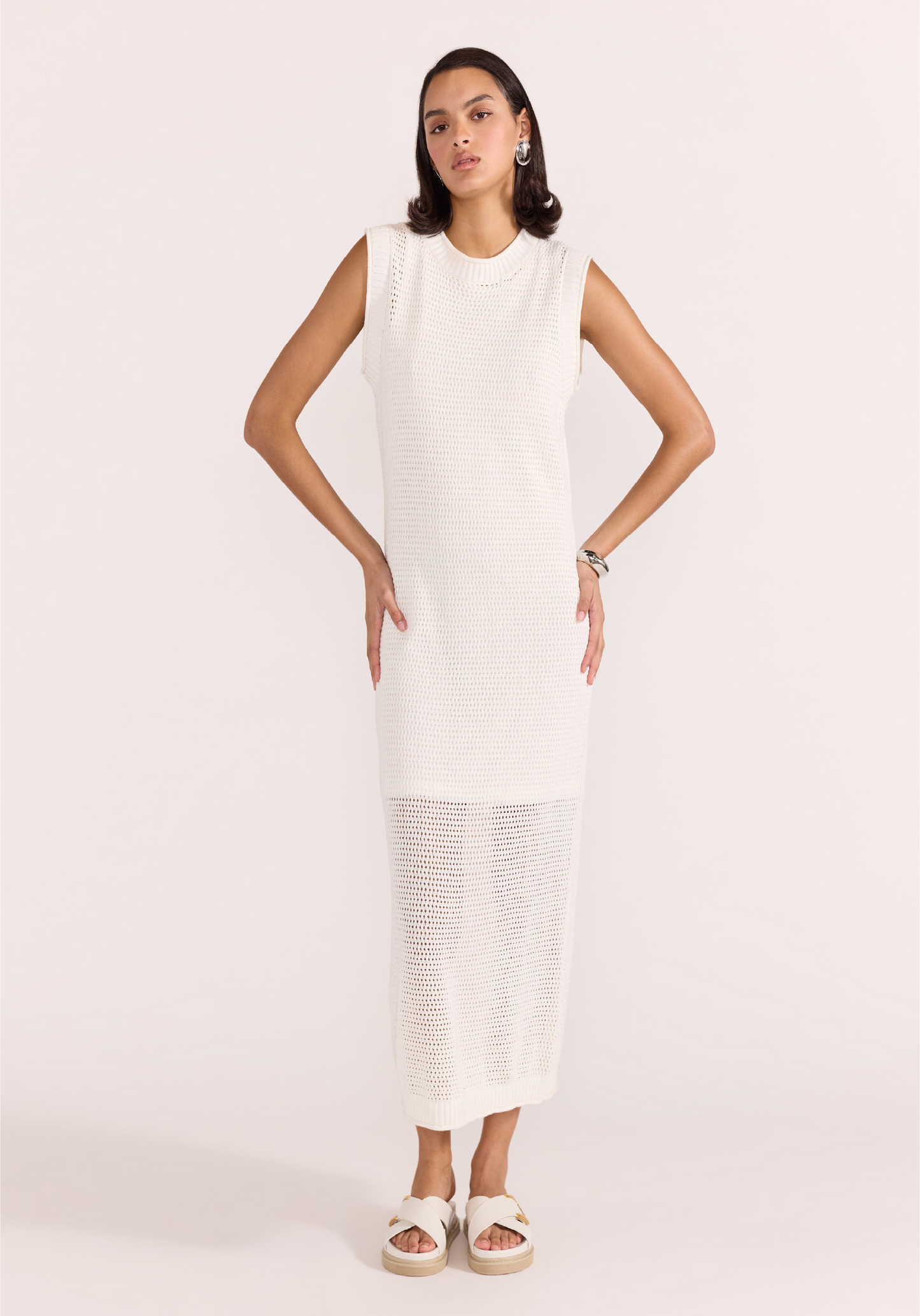 Wave Open Knit Midi Dress - White