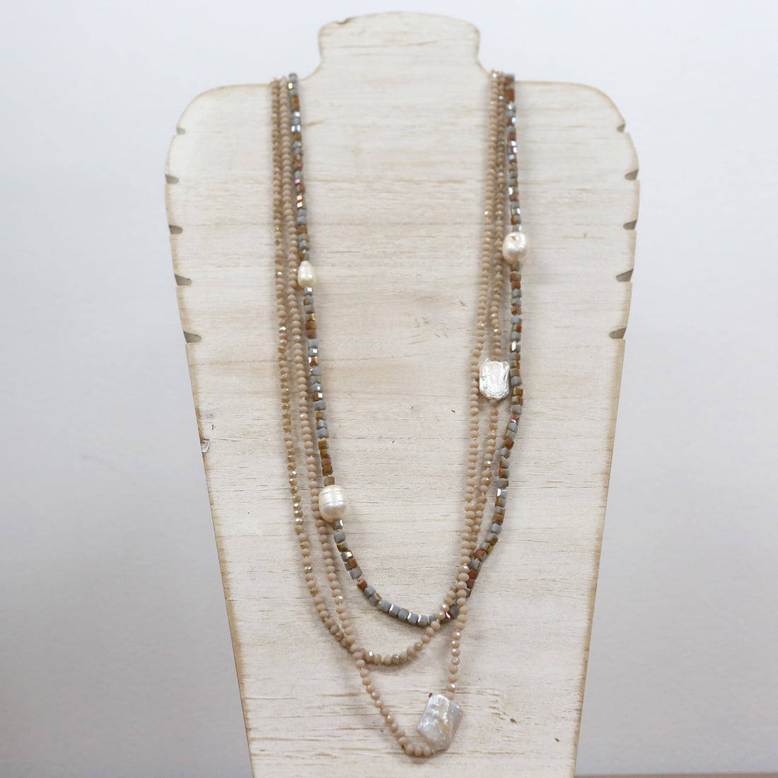 Earthy tones crystal and pearl long 3 layer necklace