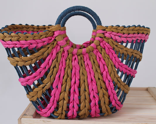 Pink and Beige Woven Basket Bag
